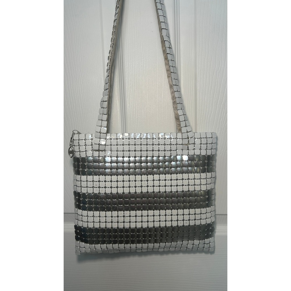 La Regale Mesh Tote Bag Vintage 90's White Silver Striped Chainmail Shoulder Bag